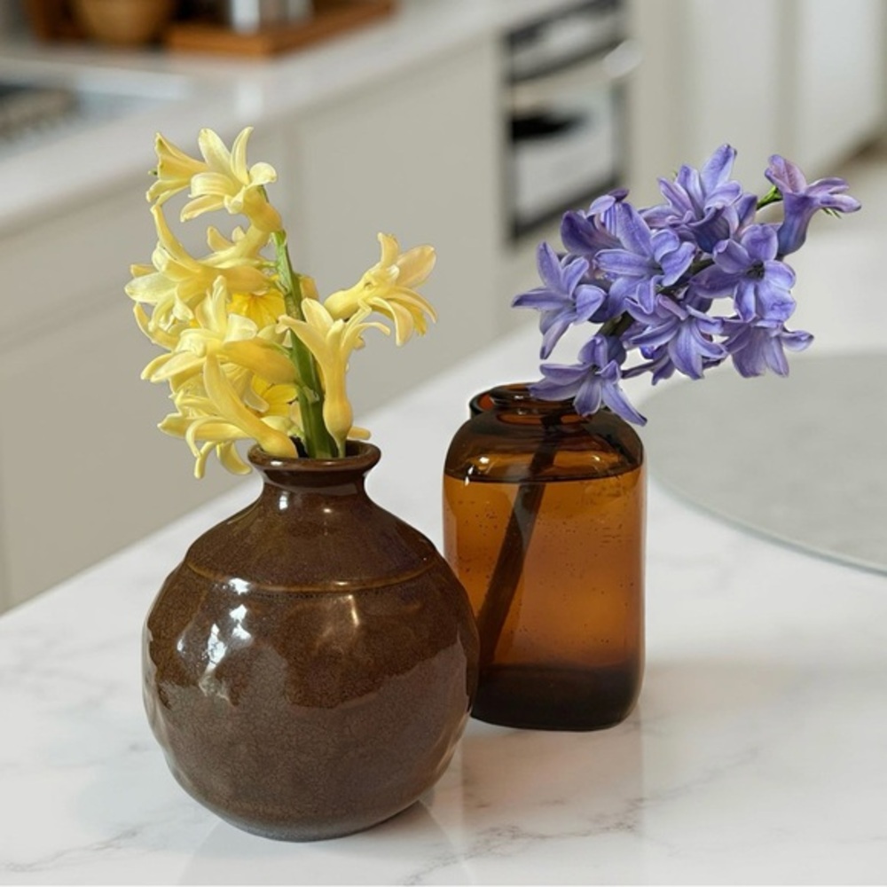 Pair of 4 inch Brown Mini Ceramic Bud Vase Glass Snuff Jar